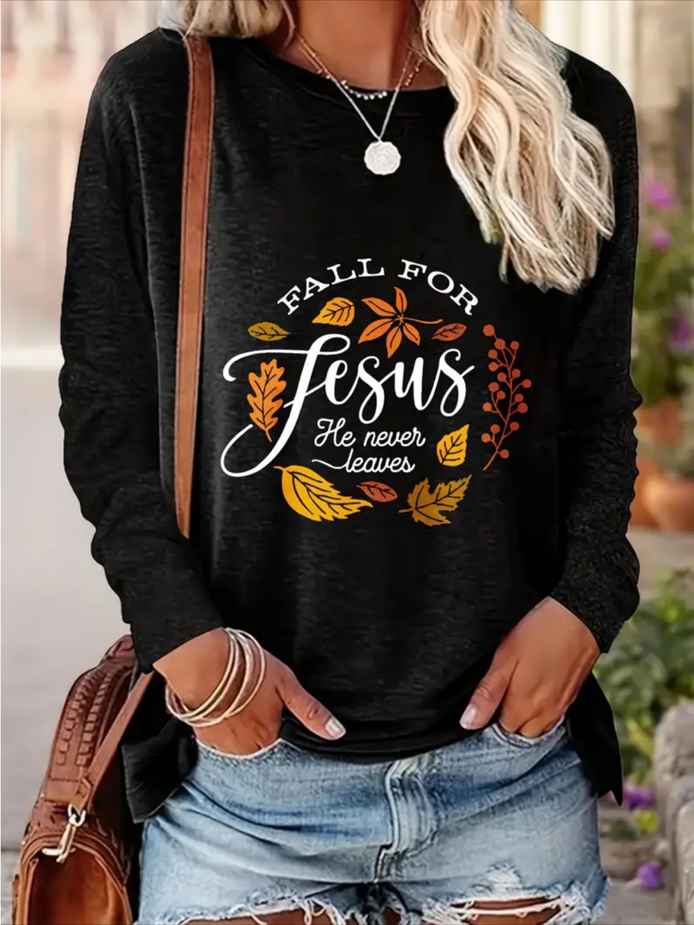 Fall for Jesus He Never Leaves Women’s Black Long Sleeve Christian Faith Top